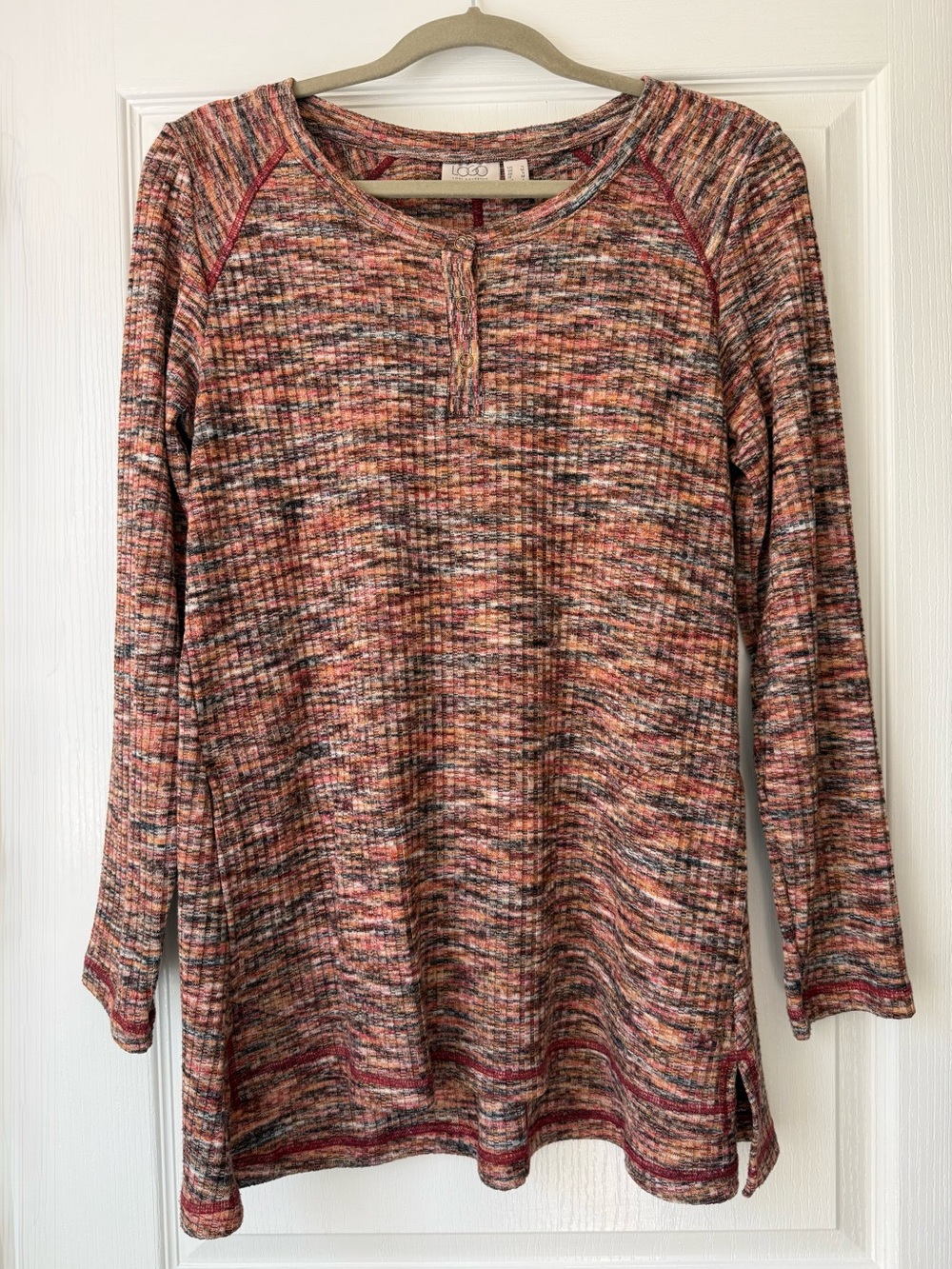 LOGO Marled Red Multicolored Ribbed Knit Scoop Henley Tunic Sweater